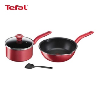 TEFAL ชุดเซ็ท 4 ชิ้น หม้อ+กระทะผิวเคลือบ +ฝาหม้อ +ตะหลิว สีแดงเข้ม