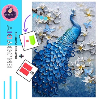 ครอสติสคริสตัล 5d diy diamond painting แบบเม็ด ลาย นกยูงฟ้า ติดเต็ม เม็ดกลม  พร้อมส่งจากไทย มีประกัน ENJOYDIY