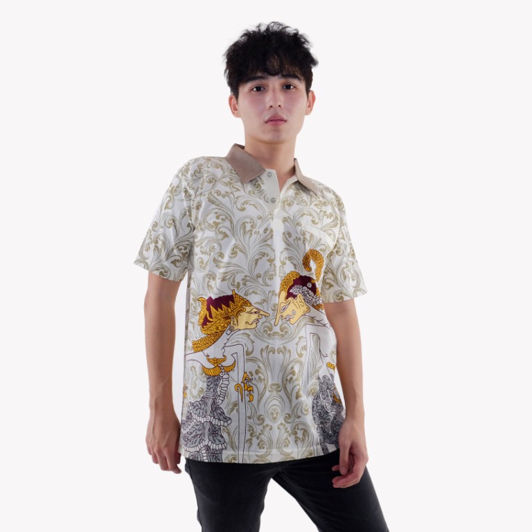 KLAMBEN เสื้อยืดคอปกผู้ใหญ่ขนาดใหญ่ Unisex Batik Wayang Arjuna Srichkandi กระดูกสีขาว