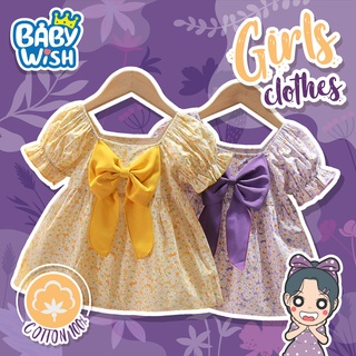 Baby Wishชุดเดรสแขนสั้นประดับโบว์พิมพ์ลายดอกไม้เครื่องแต่งกายสําหรับเด็ก 2สี