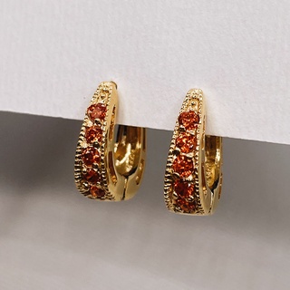 Tangerine Orange Pavé CZ Huggies, 18K Gold Plated Sterling Silver Earrings E0143 | เงินแท้ 925 ชุบทองเเท้ 18 กะรัต