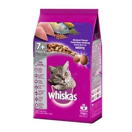 Whiskas 7+ 1.1kg อาหารแมววิสกัส แบบเม็ด สำหรับแมวแก่ 7+ รสปลาทู