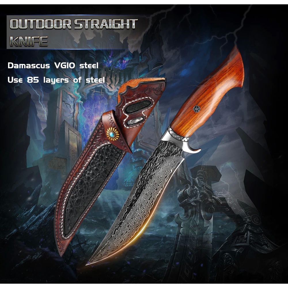 มีดดามัสกัส Damascus knife ใบ 6.5" Handmade เหล็ก Damascus VG10 มีดเดินป่า ด้ามไม้ Rosewood ฝังโมเสกพิน ซองหนังแท้