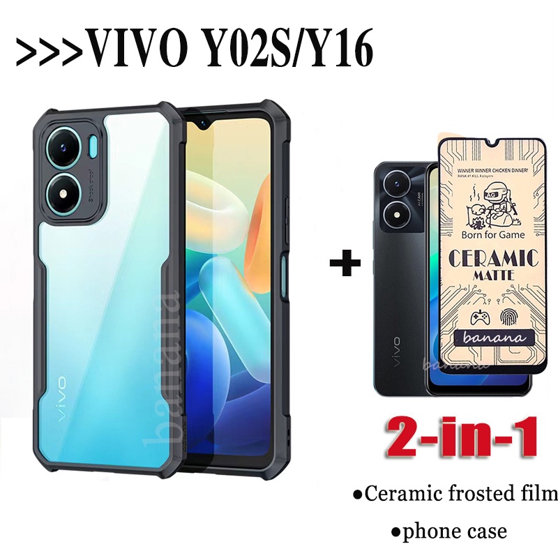 2in1 Vivo Y02S/Y16 เคสแข็งสําหรับ vivo y 16 5g y02s เคสโทรศัพท์อะคริลิค + ฟิล์มฝ้าเซรามิก