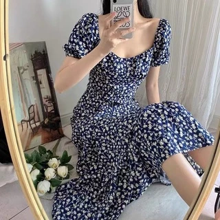 Cicishop(1120)ชุดเดรสแขนสั้นลายดอกไม้ คอเหลียมสวยๆสาวหวานสไตส์เกาหลี ลูกคุณหนูผู้ดี