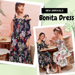 THONGYOY-Bonita Dress Lovely lilly เดรสผูกโบว์ไหล่ เดรสเปิดไหล่ เดรสเเขนตุ๊กตา เดรสเที่ยวทะเล เดรสลายดอก เดรสสายเดี่ยว