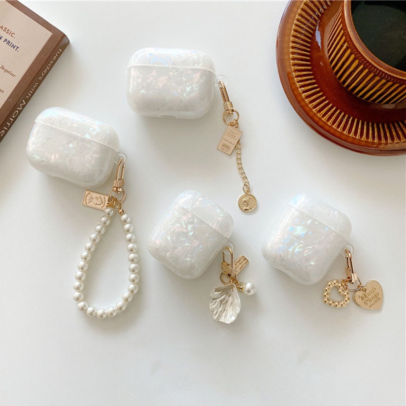 กรณีสําหรับ Apple Airpods 1 2 3 Airpods Pro 2 ฝาครอบ Dreamy สีขาว Glossy Shell Pearl สร้อยข้อมือพวงกุญแจหูฟัง Soft Cover