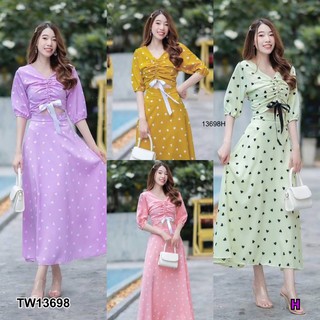 CS13698  Set 2 ชิ้น เสื้อรูดอกลายหัวใจ + กระโปรงยาว