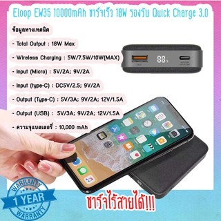 Eloop EW35 แบตสำรองชาร์จไร้สาย 10000mAh Power Bank ชาร์จเร็ว 18W รองรับ Quick Charge 3.0 มี LED หุ้มผ้า