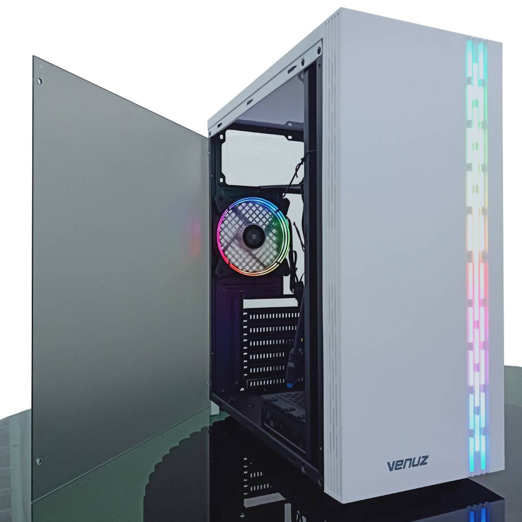 VENUZ Acrylic Side ATX Computer Case VC1918AW with RGB LED Lighting &amp; 120mm Rainbow RGB SYNC Fan – White