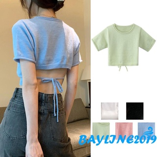 Bay- เสื้อยืดคอกลมแขนสั้นผ้าถักโชว์หลังสําหรับผู้หญิง