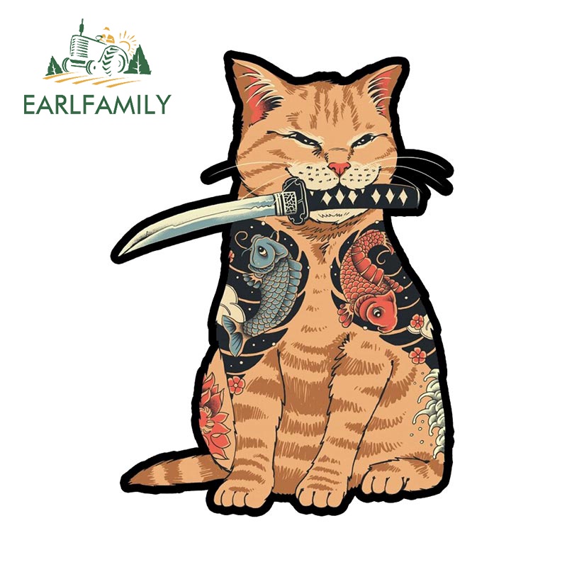Earlfamily 13 ซม.Nekoญี่ปุ่นSamurai Catรถสติกเกอร์แฟชั่นWindows Caravanแล็ปท็อปJD Decalเหมาะสําหรับแบนและเรียบผิวสะอาด