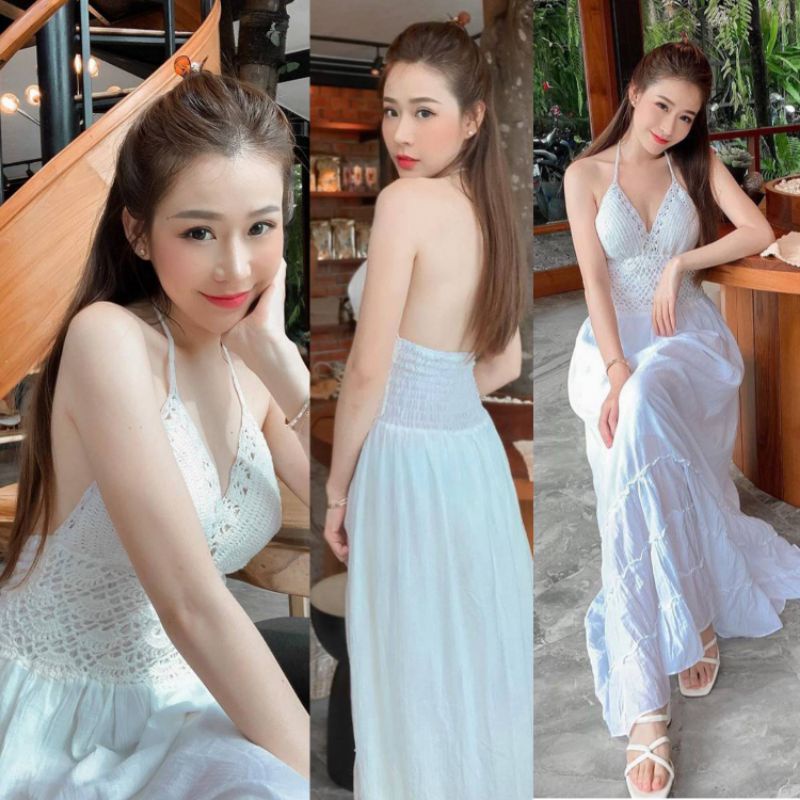 เดรสยาวสีขาวผ้าฝ้ายสาลู