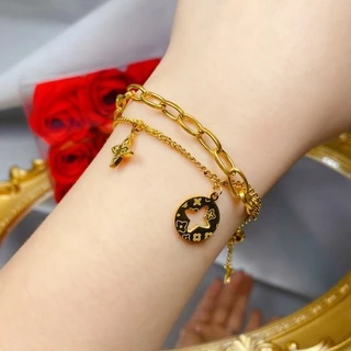 สร้อยข้อมือ ชุบทอง 18K จี้ใบโคลเวอร์สี่แฉก สองชั้น นําโชค แฟชั่นสําหรับผู้หญิง ของขวัญ