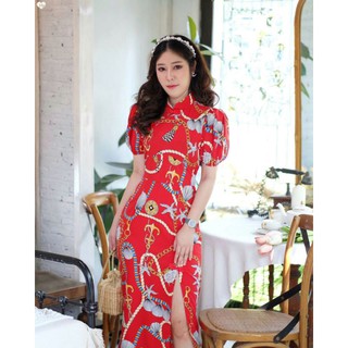 👗 เดรสยาวทรงกี่เพ้า ผ้าพิมพ์ลาย แขนตุ๊กตา