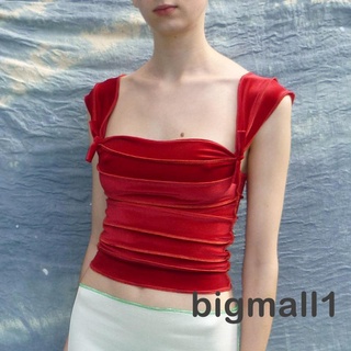 Bigmall- เสื้อครอปท็อปแขนกุด แต่งจับจีบ สีพื้น แบบเรียบง่าย แฟชั่นฤดูร้อน สไตล์สตรีท สําหรับผู้หญิง