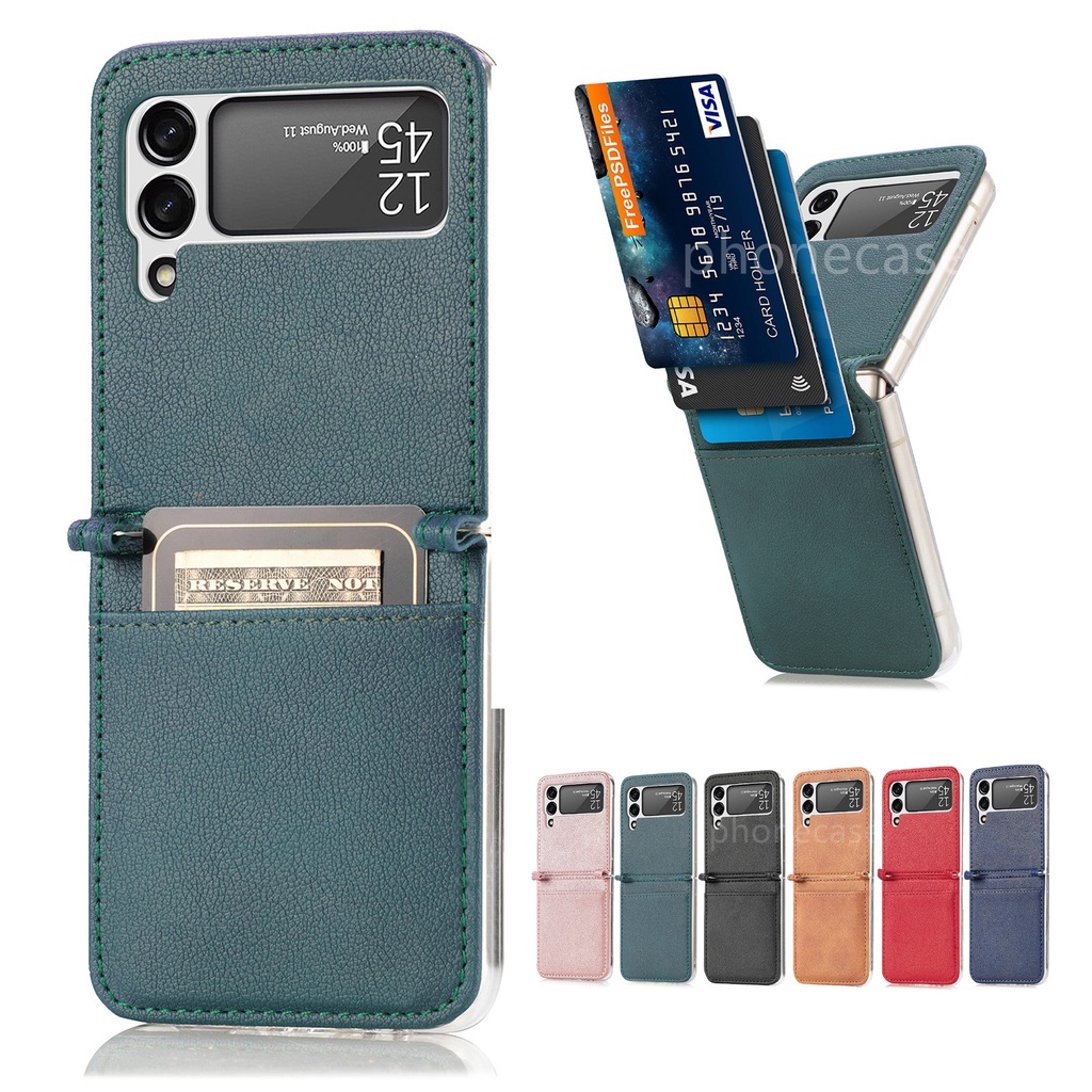 เคสโทรศัพท์สําหรับ Samsung Z Flip 3 4 5 6 7 FE Flip3 5G ช่องเสียบการ์ดหนัง Hard ปลอกกันกระแทกฝาครอบธุรกิจ