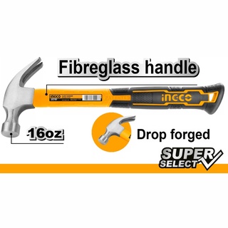 ค้อนหงอน ด้ามไฟเบอร์ ค้อนตอกตะปู ค้อนตีตะปู ขนาด 16 ออนซ์ CLAW HAMMER Fiberglass Handle 16oz INGCO รุ่น HCHS8016
