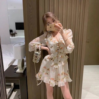 ชิฟฟ่อนจั๊ม ⚜️ Chiffon short jumpsuit ⚜️ จั๊มพ์สูทขาสั้นผ้าชีฟองอย่างดี พิมพ์ลายใบไม้