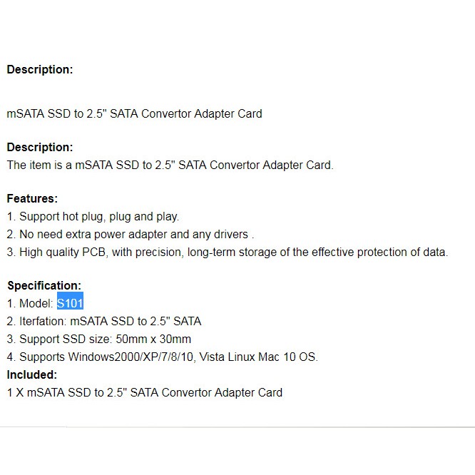 mSATA SSD to 2.5 SATA Convertor Adapter Card รุ่นS101