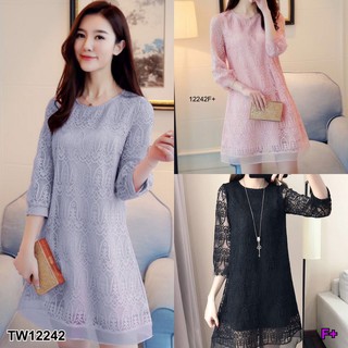 GN12242 **รบกวนสอบถามก่อนสั่งซื้อจ้า** เดรสสั้น แแขนยาวลูกไม้ ชายและข้างแต่งผ้าแก้ว