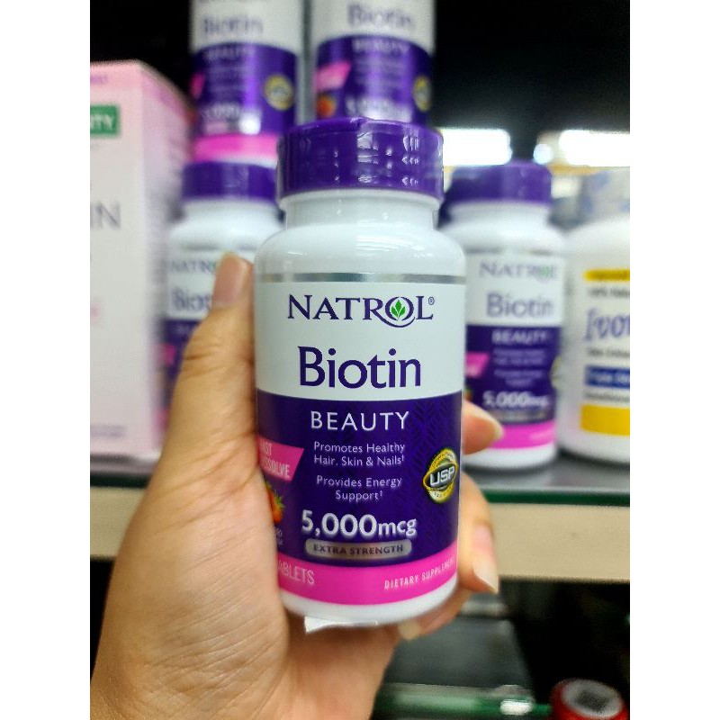Natrol Biotin Beauty 5000 mcg Extra Strength 250 เม็ด (เม็ดอม)รส สตรอเบอร์รี่  **Exp: 08/2022