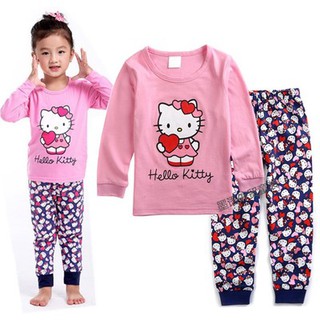 ใช้โค้ด BAAPR20 ลดเพิ่ม 20% เด็กผู้หญิงสีชมพู Hello Kitty ชุดนอน Sleepwear เสื้อแขนยาว + กางเกงชุดนอน