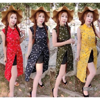 (4246) Set 2 ชิ้น เสื้อแขนกุดตัวยาว ผ่าหน้าพิมพ์ลายดอกไม้ กางเกงขาสั้น