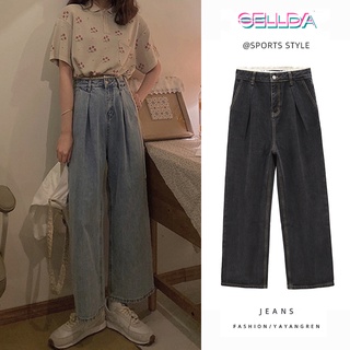 S-5XL🔥ส่งไวจากไทย🔥SELLDA*ผู้หญิงขนาดใหญ่เกาหลีผ้ายีนส์ เอวสูงเรียบๆขากว้างกางเกงยีนส์ขายาว