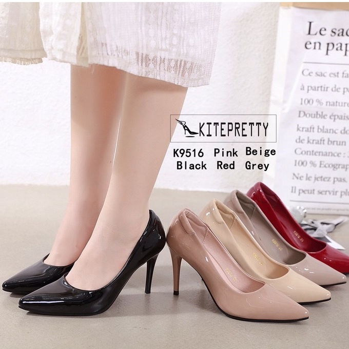 พร้อมส่ง รองเท้าคัชชูปลายแหลมหนังแก้ว ส้นสูง3นิ้ว K9516/K23114