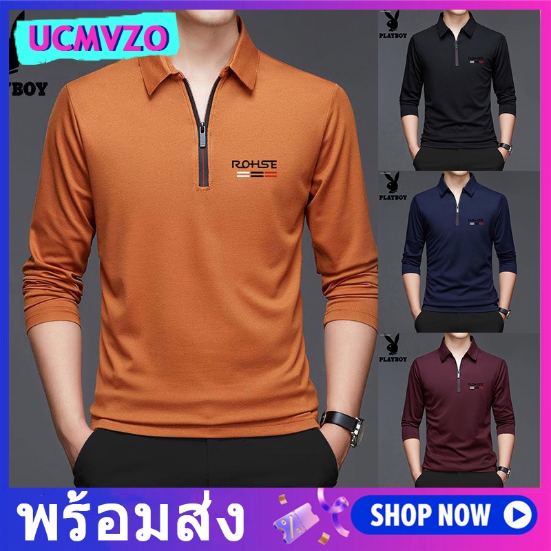 เสื้อยืดโปโล แขนยาว คอปก มีซิป พิมพ์ลาย สีพื้น สําหรับผู้ชาย