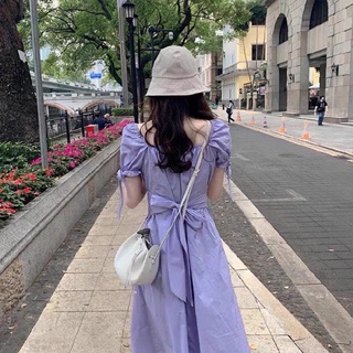 Preins purple dress เดรสคอเหลี่ยม แขนตุ๊กตา สไตล์เกาหลี ไซส์ M-2XL