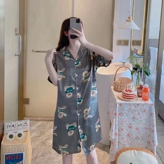 B222★ส่งจากไทย★ชุดนอนซาตินกระโปรงเดรส สีพื้นแฟชั่นสไตล์เกาหลี ลายน่ารัก