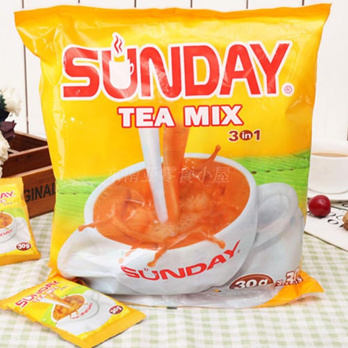 Sunday tea mix ห่อเหลือง ผงชานม ชาสำเร็จรูป ชานมพม่า หอมนม รสอร่อย ใข้ชง ชาไข่มุก ได้ ชาพม่า  (แพ็ค 30 ซอง) Halal Food