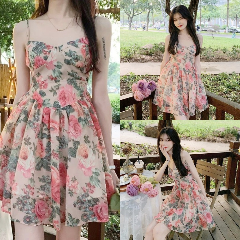 FC พร้อมส่ง มินิเดรสสายเดี่ยวลายดอกกุหลาบแบบวินเทจ แฟชั่นฤดูร้อน