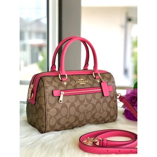 (ผ่อน0%) กระเป๋า ทรงหมอน มีสายสะพายข้าง COACH F83607 ROWAN SATCHEL IN SIGNATURE CANVAS ลายซีสีน้ำตาล สายสะพายสีชมพู