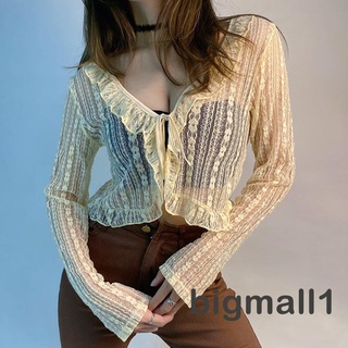 BIGMALL-Women Floral Lace Lace Thin Cardigan, Tie-up See-through Long Sleeve V-neck Ruffle Crop Tops