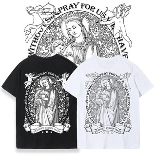 เสื้อยืด ยุโรปและอเมริกา high street retro Virgin Mary คู่ผ้าฝ้ายหลวมขนาดใหญ่แขนสั้นเสื้อยืดผู้ชายและผู้หญิง hip hop ins