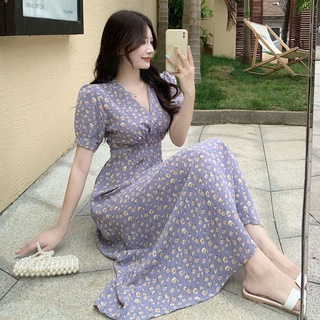 🌺S~2XL เดรสชีฟองคอวีสีม่วงลายดอกไม้สไตล์เกาหลียาวเอว เดรส