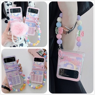 เคสโทรศัพท์มือถือ ลายดอกไม้ ประดับมุก สีชมพู สีม่วง สําหรับ Samsung Galaxy Z Flip 4 Z Flip 3 4 5G