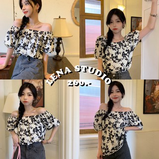 Lena Studio🌷พร้อมส่ง ♡ Floral Top เสื้อปาดไหล่ ลายดอกสีดำรับซัมเมอร์