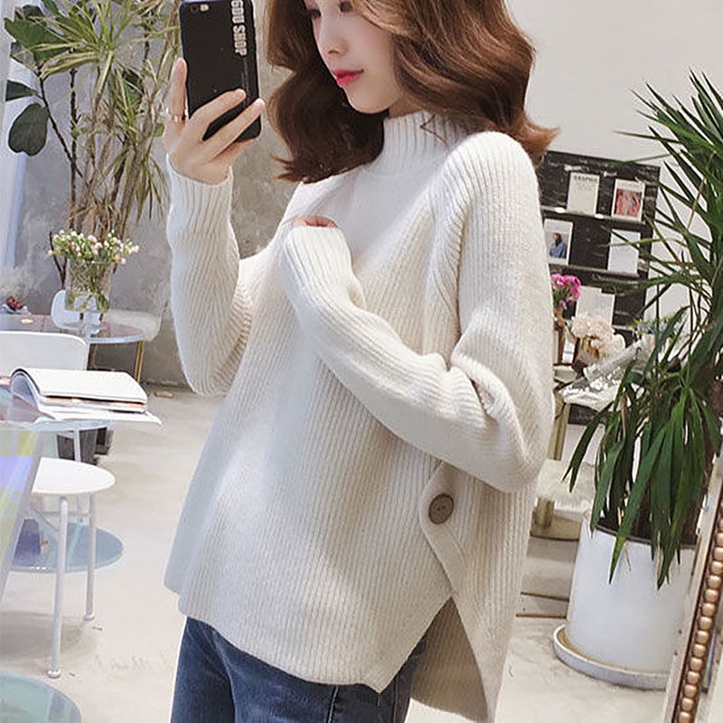 เสื้อกันหนาวแขนยาว คอเต่า ผ้าถักนิตติ้ง ทรงหลวม สีพื้น แฟชั่นฤดูใบไม้ร่วง และฤดูหนาว สไตล์เกาหลี สําหรับผู้หญิง