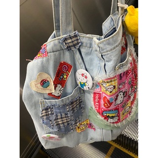 Personality new original handmade y2k millennial hot girl bag denim collage canvas love kt retro oblique shoulder bag oversized bag female