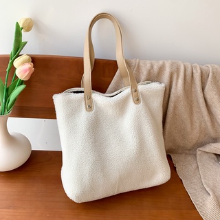 Ins All-match Lamb Velvet Tote Bag กระเป๋า Messenger สีขาวเรียบง่ายกระเป๋าสะพายความจุขนาดใหญ่