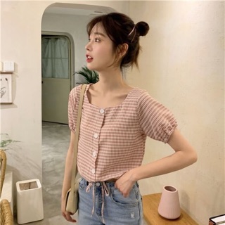 🍑เสื้อคอเหลี่ยมลายสก๊อตสีพาลเทล🍑สไตล์เกาหลี