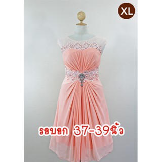 E1934-1-XL-ชุดราตรีคนอ้วน สีพีช(โทนสีโอรส) ผ้าชีฟองประดับผ้าลูกไม้ คอปาดซีทรู แขนล้ำ(ไม่มีเข็มกลัดให้นะคะ)