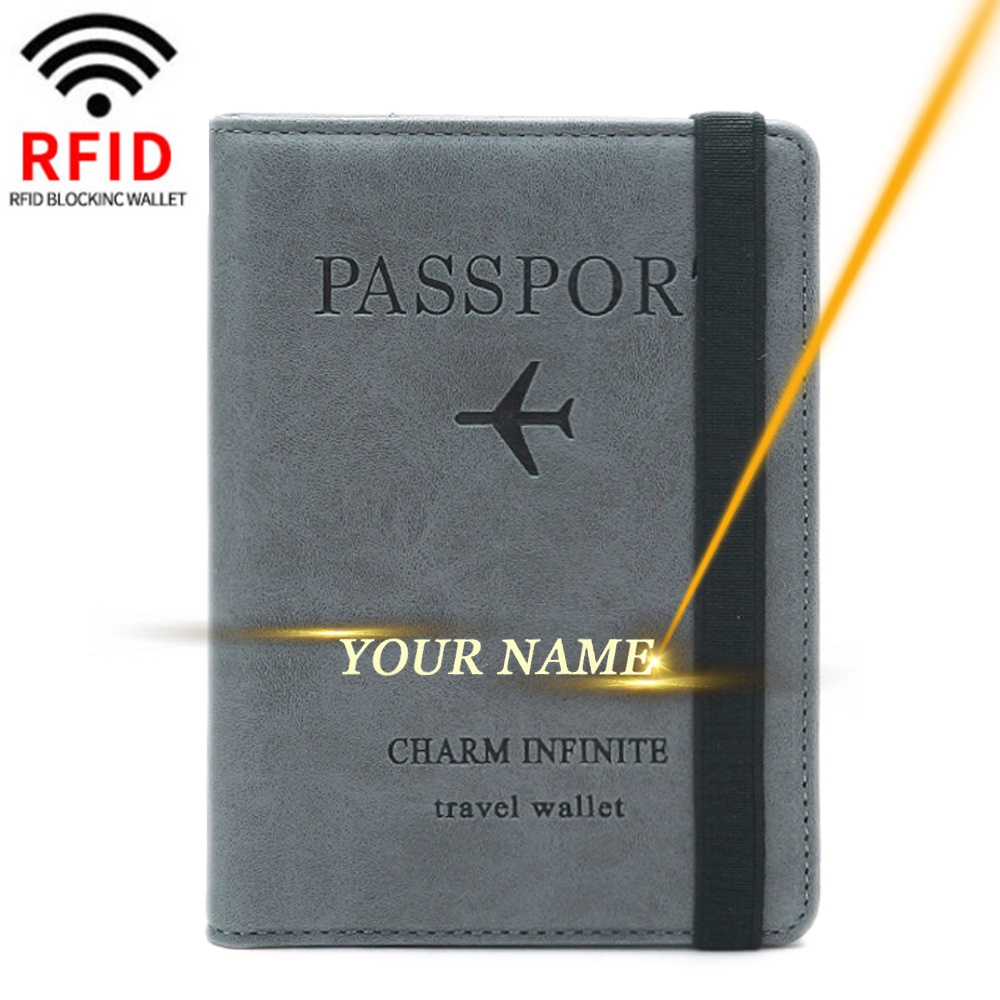 RFID ปกหนังสือเดินทางกระเป๋าสตางค์เดินทาง พร้อมซองใส่บัตรธนาคารและบัตรเครดิต สําหรับผู้ชาย/ผู้หญิง พร้อมสลักชื่อเฉพาะบุคคล