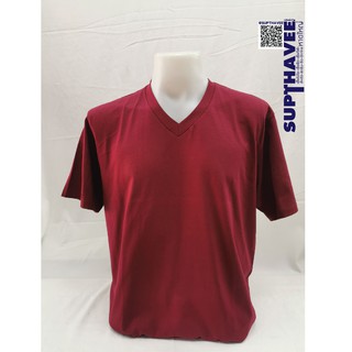 เสื้อยืด คอวี สีแดงเลือดหมู คอตตอน 20 Sarumi