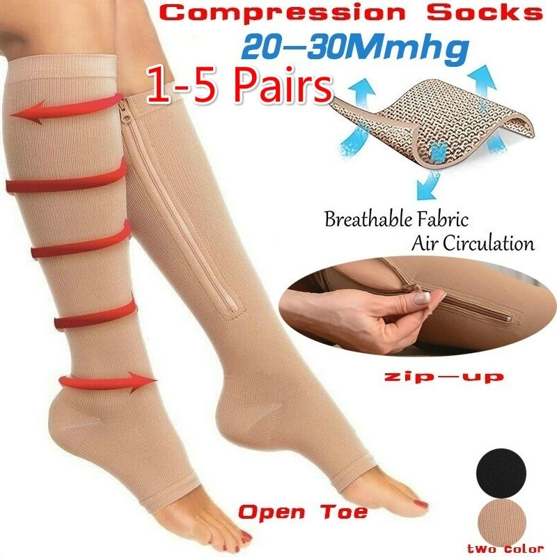 1 คู่ Breathable Unisex Zipper Compression ถุงเท้าเข่าขาสนับสนุนเปิดนิ้วเท้า S-XL สีดํา/สีเบจ