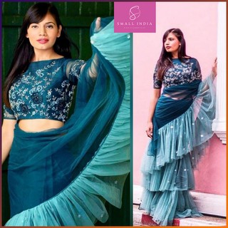 {**ส่งฟรี**} SMALL INDIA 🥻 Rama Green Ruffle Saree 🥻 Women Party Wear